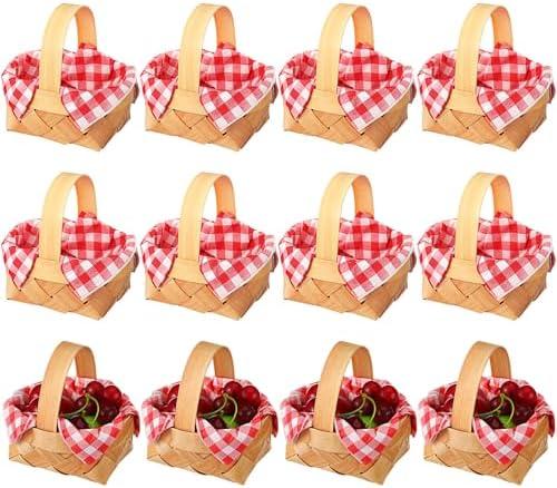 Geelin 10 Pcs Christmas Mini Woven Basket with Handle 20 Sheet Red and White Gingham Paper Napkins Wood Chip Mini Flower Fruit Picnic Basket Chip for Christmas Wedding Party Gift Decoration (Medium)