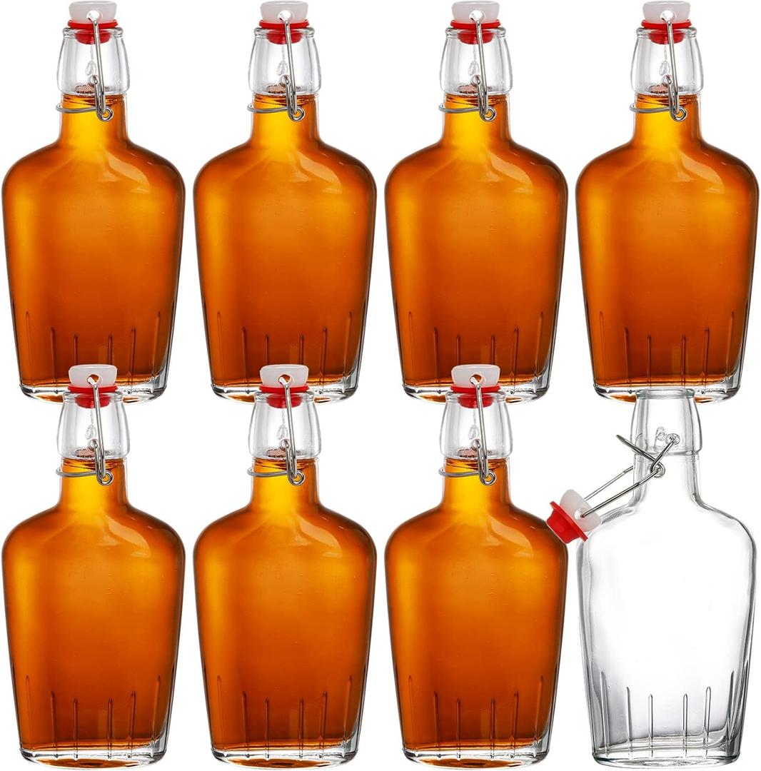 TOPZEA Set of 8 Swing Top Glass Flask, 8.5 Oz Clear Glass Hip Whiskey Flask Pocket Drinking Flasks with Airtight Stopper, Easy Cap Liquor Bottle for Spirits, Beer, 2nd Fermentation Brewing Bottle
