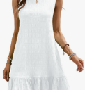 SOLY HUX Women's Ruffle Hem Sleeveless Tank Dress Round Neck Casual Jacquard Hem Smock Summer Mini Dresses, White, M