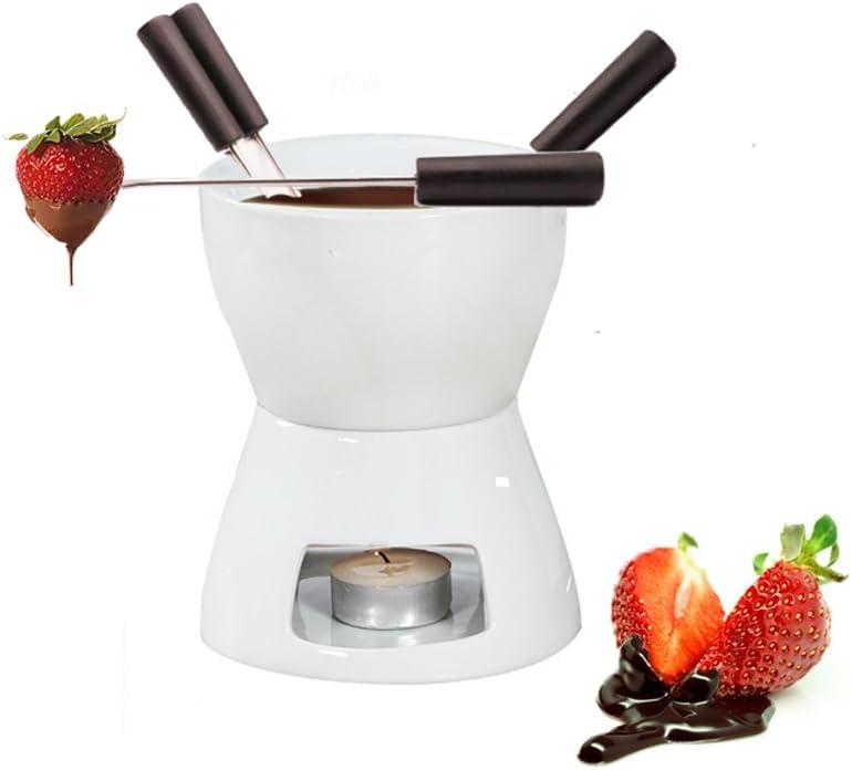CORJEEJOR Fondue Pot Set with 4 Forks Ceramic Butter Warmer Set Premium Tea Light Porcelain Melting Pot for Chocolate Cheese Caramel