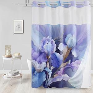 Long No Hook Floral Shower Curtain with Snap in Fabric Liner Set, Spring Blue Purple Iris Design, Elegant Abstract Marble Flower Ringless Hotel Style for Bathroom Decor, 71x77 Inches