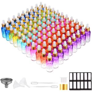 PrettyCare Glass Eye Dropper Bottles 99 Pack, 1oz (30ml) Rainbow Empty Thick Bottles Bulk with Leakproof Golden Caps - With Labels & Funnels for Storage, Travel, Essential Oils, Cuticle, Tinctures