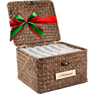 Photo Storage Box - Keepsake Box - Inner 6 Plastic Photo Case Keeper Organizer - Natural Hand Crafted Stationery Storage Containers for Organizing Pictures Stickers Postcards Scrapbooking - Seagrass