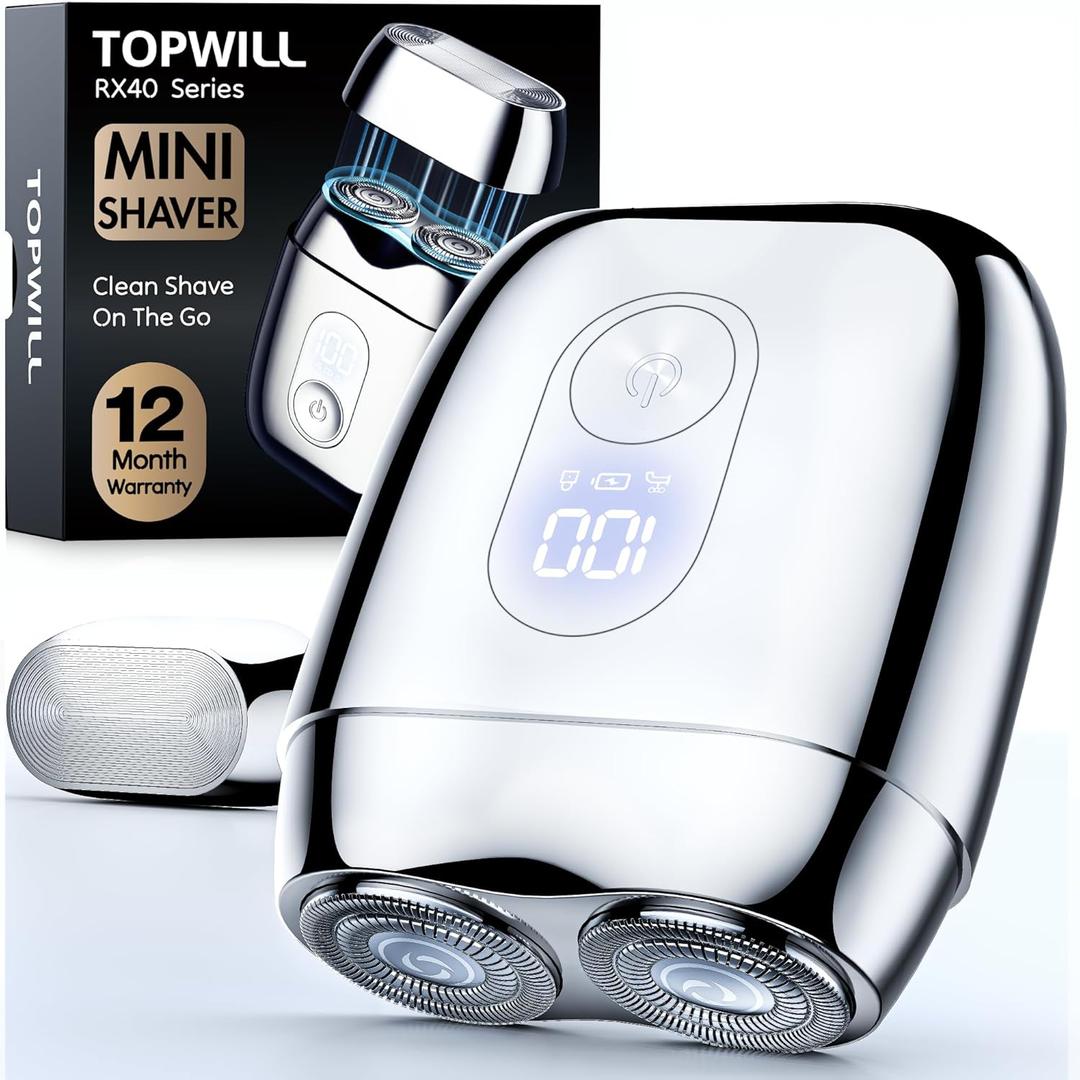 All-Metal Mini Electric Shaver for Men  Portable Travel Razor with Mirror Cap, Smooth & Close Shave, LED Display, USB-C Fast Charge, Wet/Dry Waterproof  RX40 Silver