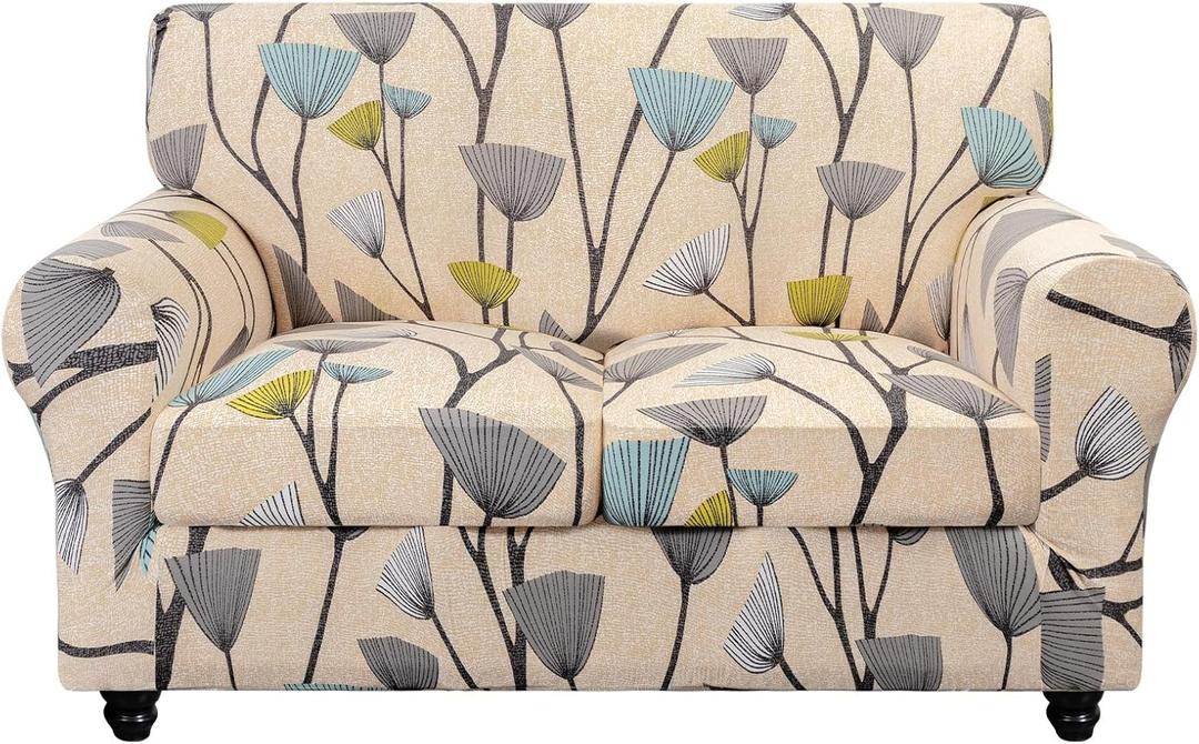 SearchI Stretch Sofa Cover Printed Couch Cover, Floral Pattern 3 Pieces Loveseat Slipcover with 2 Separate Cushion Cover, Washable Furniture Protector for Living Room(Loveseat, Dandelion Pattern) (Medium)