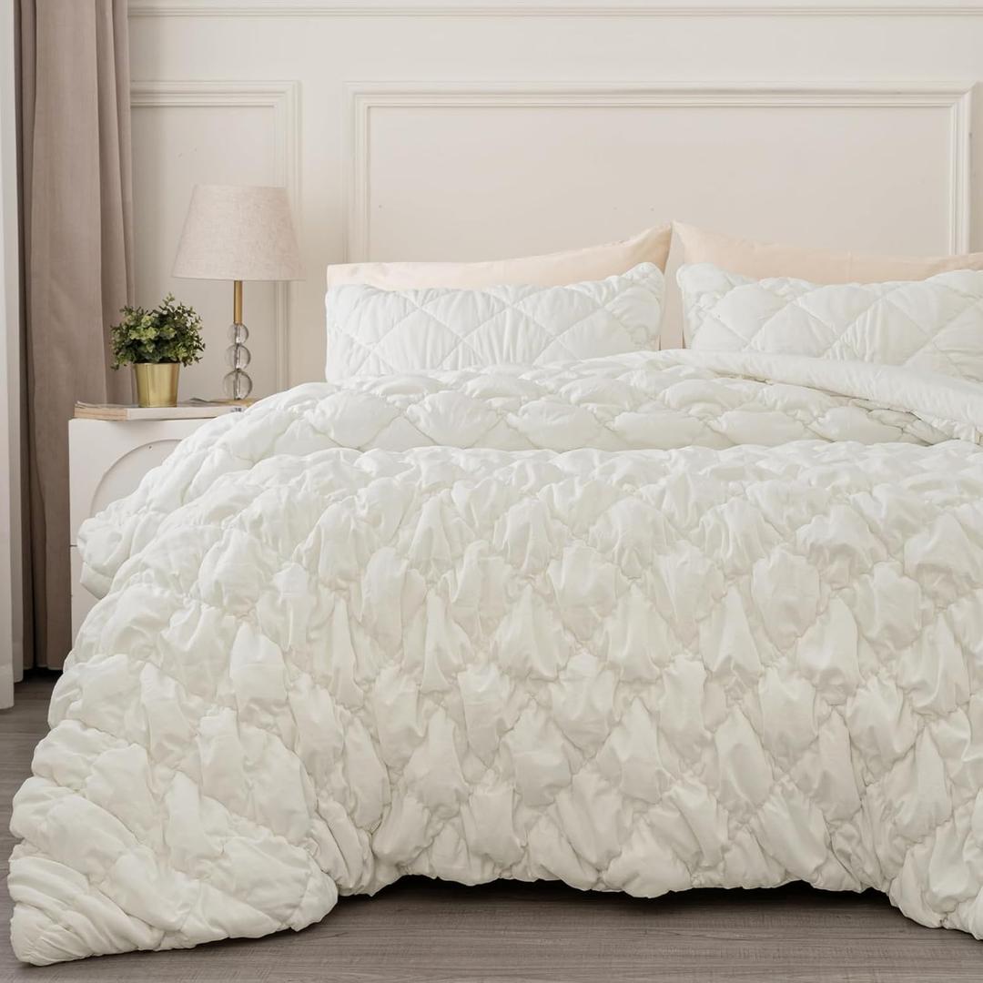 PHF Diamond Marshmallow Puff Comforter Set Queen Size, 3 Pieces Ultra Soft Lightweight Bedding Set for All Season, Pattern Textured 1 Comforter with 2 Pillow Shams, White01