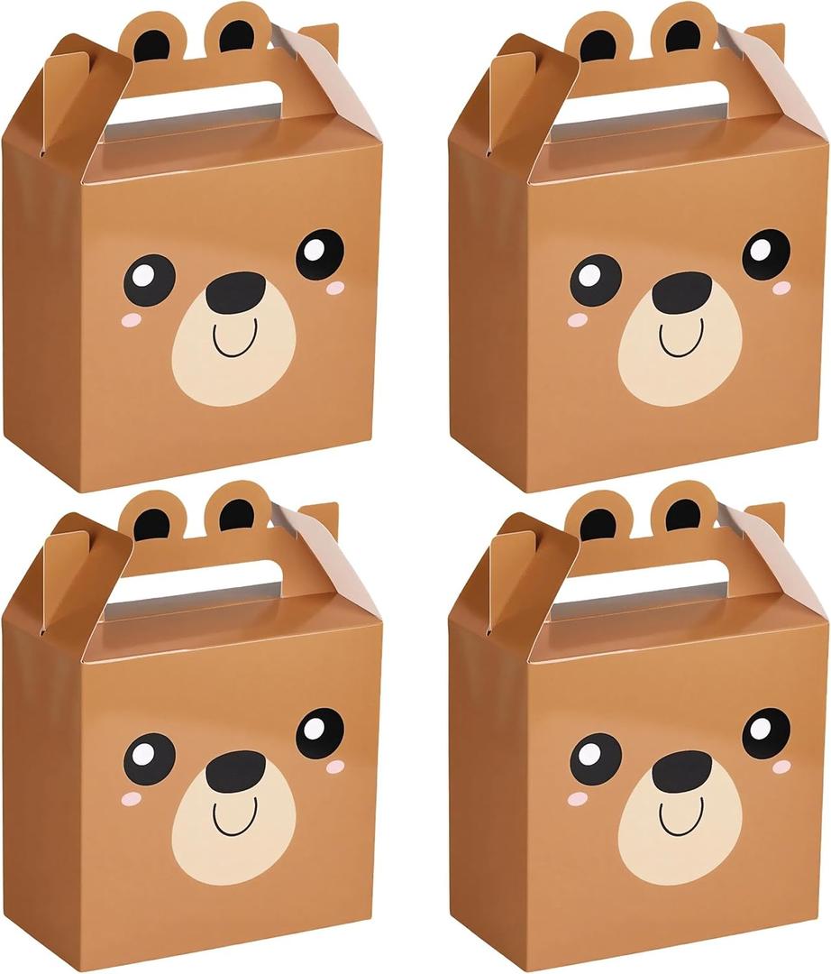 VELATYVIO 12 Pcs Bear Treat Boxes Party Favors 5.9 x 3.15 x 5.9 Inch Bear Baby Shower Party Good Andy Gift Boxes with Handles Brown Bear Theme Party Decoration for Kids Boy Girl Birthday Supplies