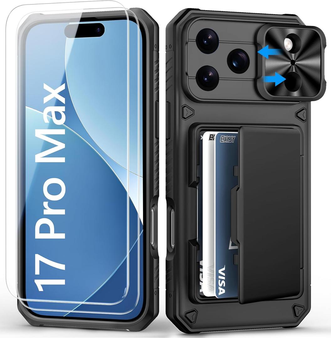 for iPhone 17 Pro Max Case Wallet with Screen Protector (Tempered Glass), Card Holder (4-5 Cards), Slide Camera Cover, Military Grade Drop, Heavy Duty Men Women Case for iPhone 17 Pro Max, Black