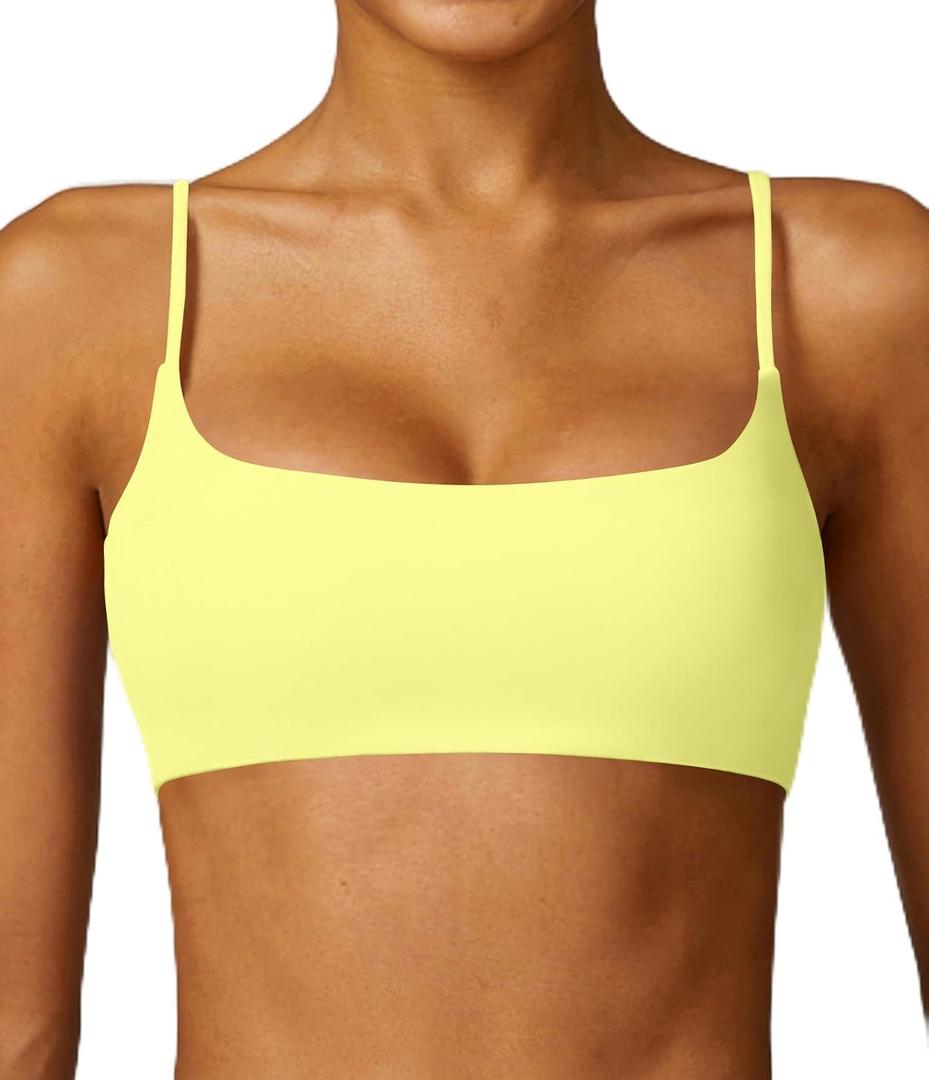 Comper Women's Sports Bra with Thin Straps Stretchy Wirefree Workout Bras Lightweight Workouts Bralette with Removable Pads (Yellow, S)