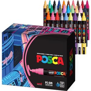 Uni Posca Paint Markers, 5M Medium Acrylic Markers with Reversible Tips, Artist Recommended For Gifts, Decorations, Fabric, Metal, Glass, Wood and Canvas, Assorted Colors, Set of 29