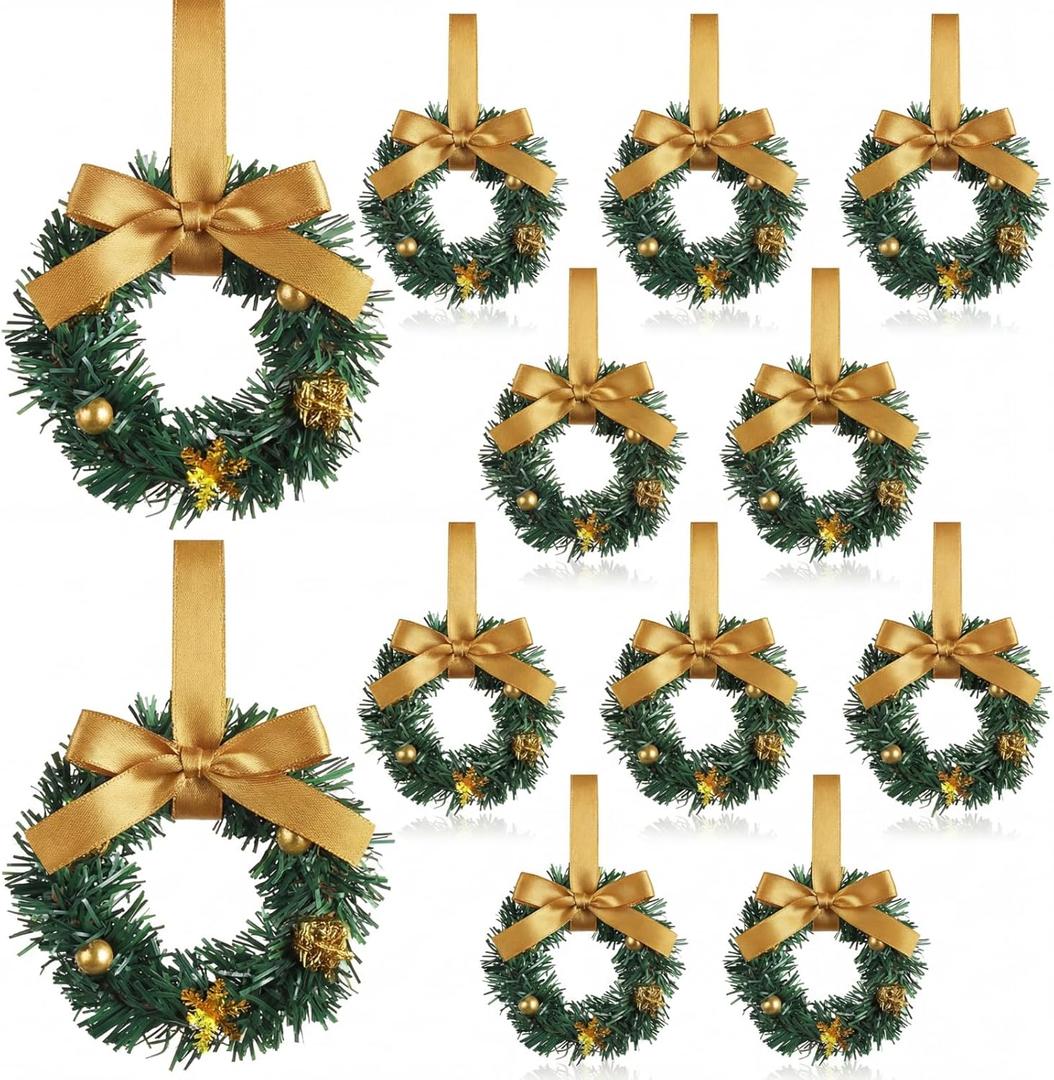 Zeyune 12 Pcs Small Christmas Wreaths for Kitchen Cabinets with Bow Ribbon Mini Cabinet Door Wreath Set Hanging Christmas Decor for Kitchen Window Outdoor Indoor, 14.96 x 7.87''(Gold Bow)