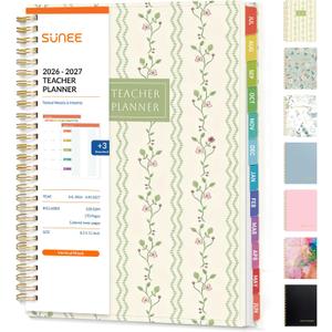 SUNEE Teacher Planner 2026-2027 Academic Year, Lite Lesson Planner Book with 7 Periods Jul 2026 - Jun 2027, 8.5"x11" Daily Weekly and Monthly Organizers, Plan Book with Pocket, Tabs, Floral Stripes