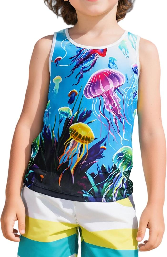 AMYNICE Girls Tank Tops Kids Crewneck Sleeveless Shirts Quick Dry Active Jellyfish Athletic Lightweight Cute Beach Top 2-8T (Blue)