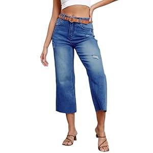Women's Wide Leg Jeans High Waist Straight Leg Stretchy Ripped Jeans for Womens (12, Blue)