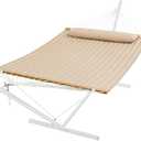 SUPERJARE Hammock with Stand, 2 Person Quilted Outdoor Hammock, Detachable Pillow & Bamboo Spreaders, Portable Hammock with Carrying Bag, Heavy Duty Stand, Perfect for Outside, Patio, Beige