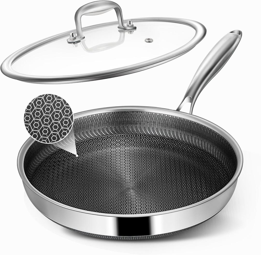 Non Stick Frying Pans, 10-inch with Lid, Hybrid Frying Pans Nonstick Stainless Steel Skillets, Dishwasher & Oven-Safe, Stay-Cool Handle, PFOA Free Cookware, Compatible with All Cooktops