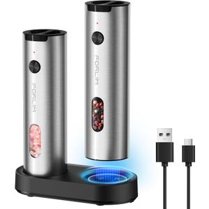 FORLIM Electric Salt and Pepper Grinder Set Rechargeable, Auto Salt and Pepper Grinder set with Charging Base, Adjustable Coarseness, LED Light, Automatic Salt Grinder Refillable,Pepper Shakers Set (Slim, Bright Silver)