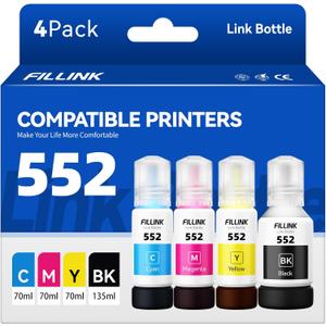 552 Sublimation Ink Compatible for 552 T552 552 Pigment Ink Used with Ecotank Photo ET-8550 ET-8500 ET2800 ET2720 ET2400 ET3760 ET4760 Printer Heat Press Transfer on T-Shirt Tumblers &(BCMY 4PK)