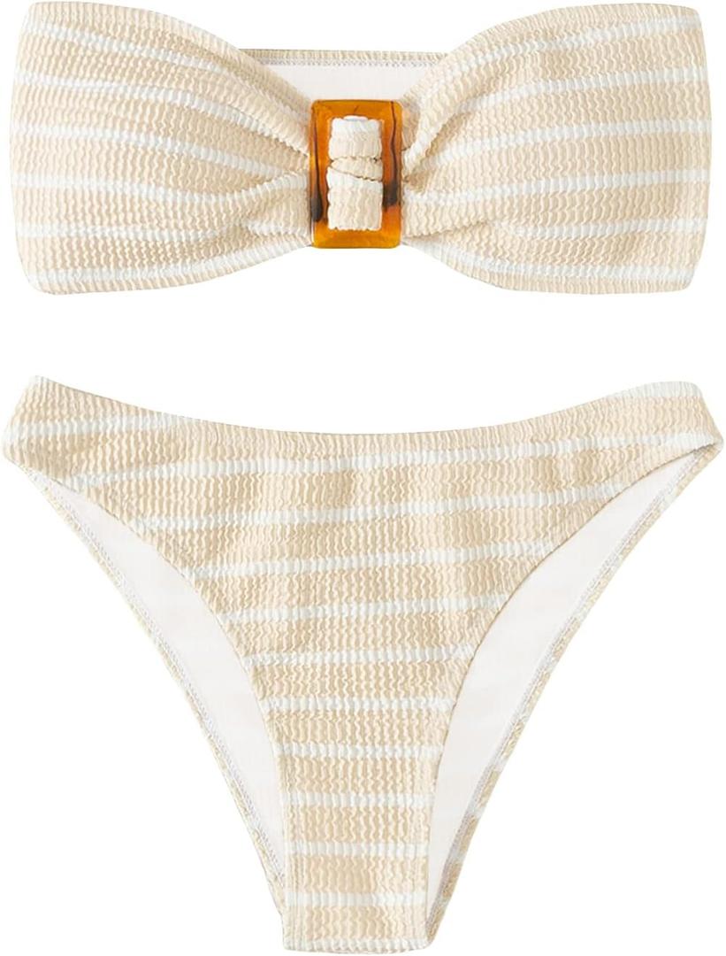 GORGLITTER Women's Strapless Bandeau Swimsuit High Waisted Thong Textured Bikini Set Bathing Suit  Small