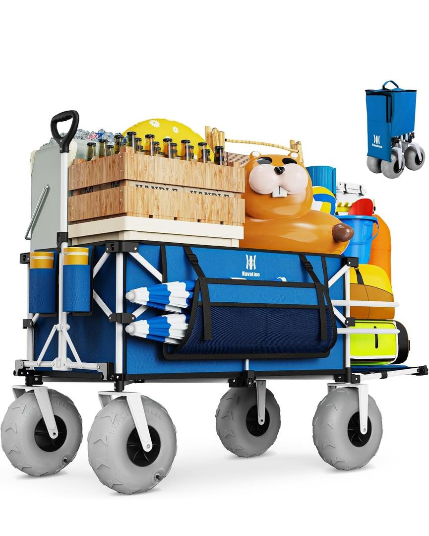 Navatiee 260L Beach Wagon with Extended Tailgate, 440lbs Heavy Duty Beach Cart with 9 Big Balloon Wheels for Sand, Collapsible Folding Wagon with Side Pocket for Outdoor, Blue