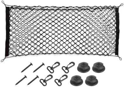 Osilly Car Rear Cargo Net, Double-Layer Adjustable Stretchable Elastic Storage Organizer Net, Trunk Cargo Storage Mesh Net with Hooks, Car Interior Accessories Fit for Vehicle, Trucks, SUV (Large)