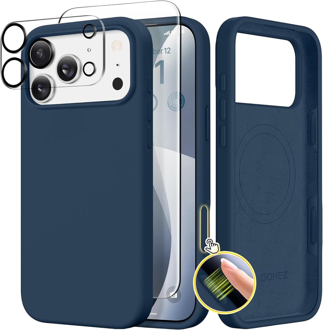 GONEZ Magnetic for iPhone 17 Pro Max Case, Compatible with MagSafe, [Screen Protector + Camera Lens Protector], Liquid Silicone Anti-Scratch Shockproof Protective Phone Case 6.9 inch, Dark Blue
