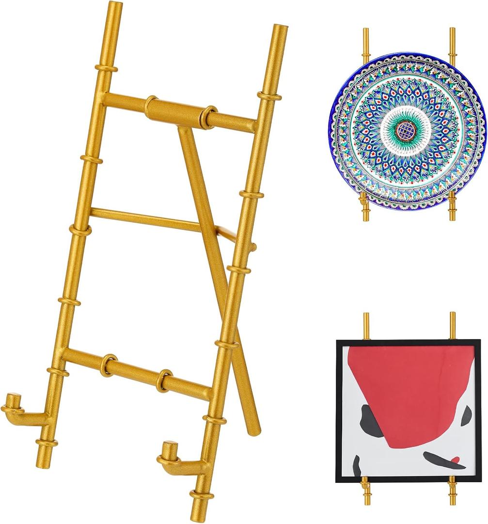MorningRo Gold Gold Metal Table Top Easel Bamboo Easel Stand for Display Metal Tripod Picture Photo Frame Modern Book Plate Desktop Art Holder Stand Decor Wedding Sign (6 x 4 x 3 Inch)