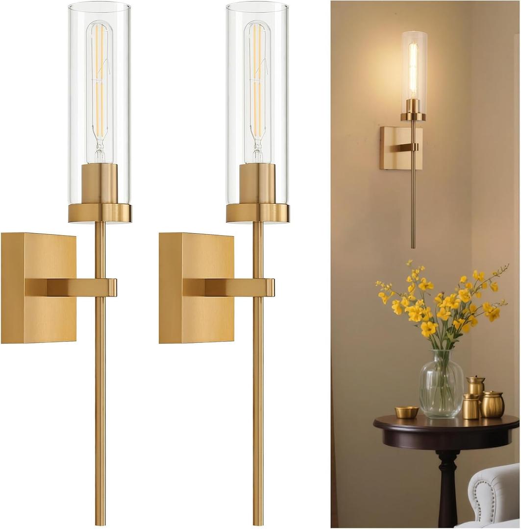 Wireless Wall Sconces with Remote Control, Brushed Gold Battery Operated Wall Sconce Set of 2, Dimmable Rechargeable Wall Decor Lights for Living room Dining room Bathroom Bedroom Hallway Stairwell