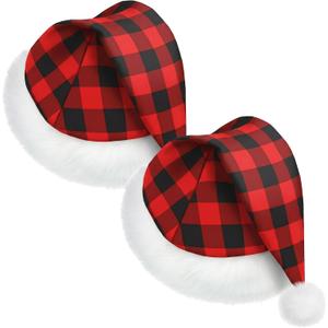 2 Santa Hat Christmas Cap Unisex Xmas Holiday Hat Bulk for New Year Party Supplies Christmas Decoration (Red and Black Plaid)