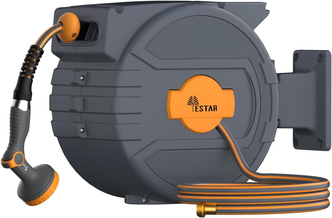 Retractable Garden Hose Reel 1/2 in x65 ft, Garden Water Hose Reel with 10- Function Sprayer Nozzle, Any Length Lock/Automatic Slow Return System,180° Swivel Bracket