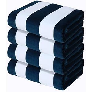 Exclusivo Mezcla 3 Pack Cotton Oversized 35x70 Inches Soft Cabana Stripe Thick Beach Towel, Super Absorbent Travel Bath Pool Towel (Dark Navy)