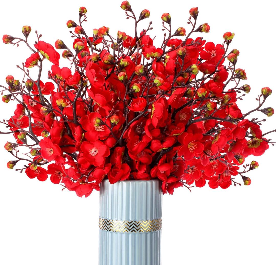 18 Pcs Artificial Plum Blossom Faux Flowers Silk Simulation Bouquet Flower Hibachi Party Decorations for Home Kitchen Hotel Office Wedding Party Garden (Red, Classic)