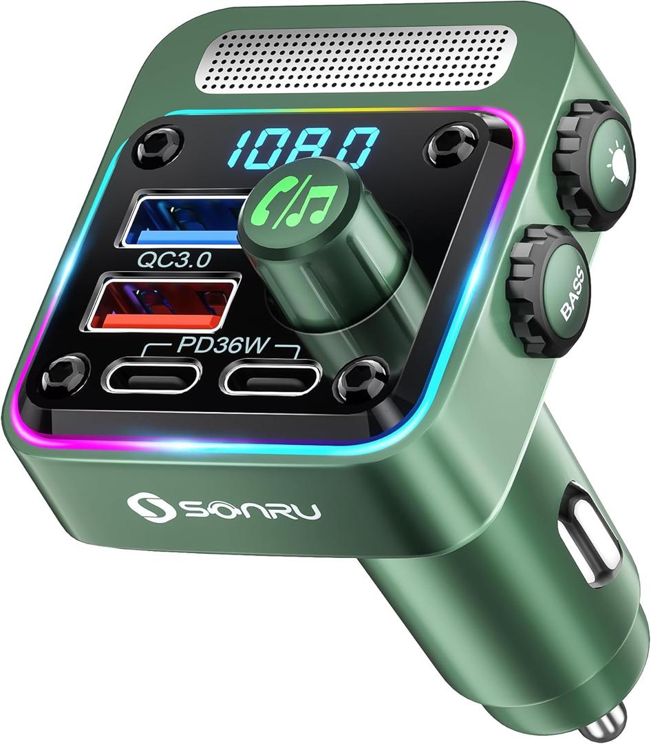 Bluetooth 5.3 FM Transmitter Car Adapter - SONRU Car Charger 54W [PD 36W & QC3.0 18W], Wireless FM Radio Transmitter [HiFi Treble & Bass Player], 5 Colors LED Backlit, Hands-Free Calling, U-Disk (Green)
