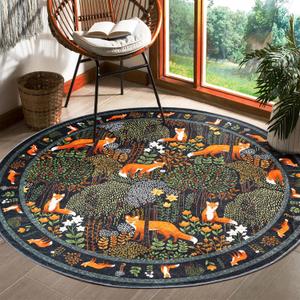 Cute Botanical 5ft Round Area Rug in Black Green Washable, Thin Profile Vintage Floral Cottagecore Rustic Bedroom Rug, Cute Summer Tropical Jungle Nature Area Rug for Living Room Entryway Kitchen