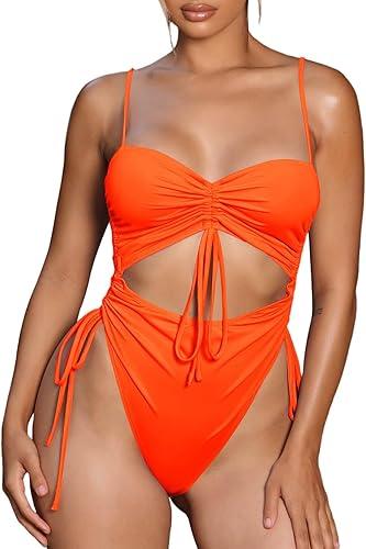 Viottiset Women's Cut Out Drawstring One Piece Swimsuit Cheeky High Cut Bathing Suit, Neon Orange, S
