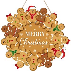 Yousoontic Merry Christmas Gingerbread Man Wreath, Wooden Gingerbread Man Front Door Hanging Sign for Holiday Xmas Indoor Outdoor Home Door/Wall Decor, 11.8 Inch