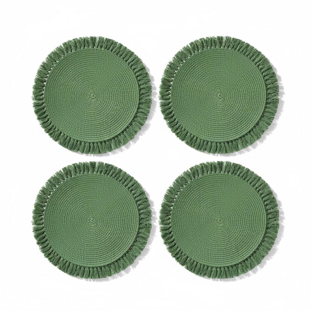 Fennco Styles Handwoven Fringe Boho Placemats 15" Round, Set of 4 - Navy Green Braided Texture Table Mats for Home, Dining Room, Banquets, Family Gathering and Special Occasion