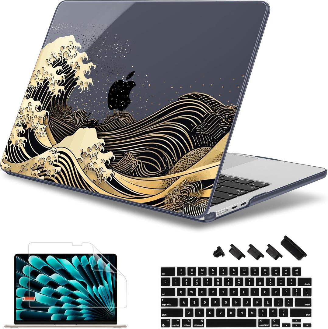 May Chen for MacBook Air 15 inch Case M5 M4 M3 M2 2026 2024-2023, Model A3448 A3241 A3114 A2941, Closes Seamlessly Hard Shell Laptop Cover with Keyboard Cover, Black Sea Wave