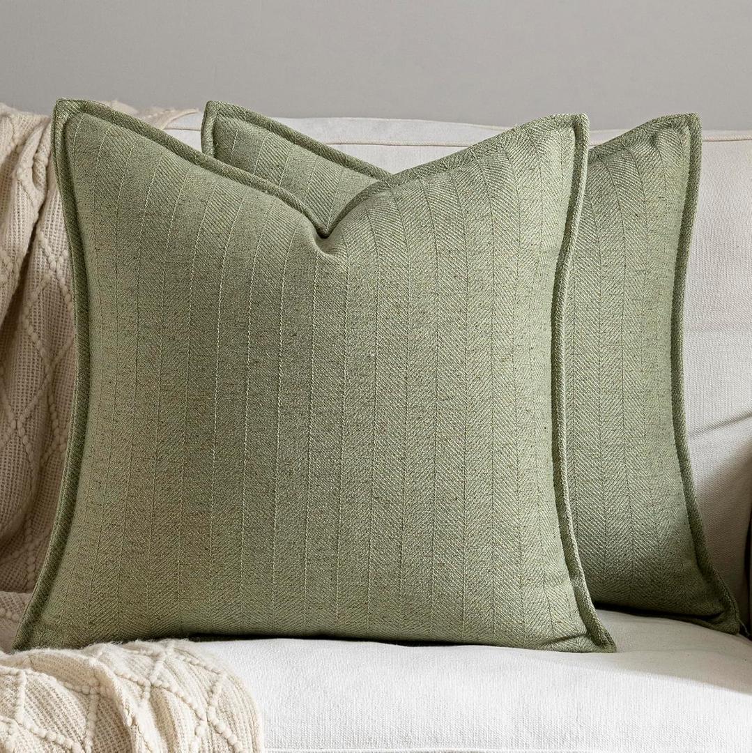 DEZENE 26x26 Linen Euro Sham Pillow Covers Sage Green Pack of 2 Farmhouse Boho Neutral Accents Striped Textured Square Decorative Throw Pillow Cases for Living Room Couch Bed Home Decor