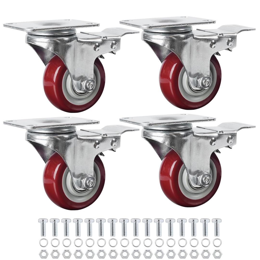 Finnhomy 3 Inch Caster Wheels Set of 4 with Brake Heavy Duty Plate Swivel Casters Premium Polyurethane Wheels PU Load Bearing 2,200 Lbs Lockable Anti-wear Smooth Casters Red Finnhomy 3 Inch Caster Wheels Set of 4 with Brake Heavy Duty Plate Swivel Casters Premium Polyurethane Wheels PU Load Bearing 2,200 Lbs Lockable Anti-wear Smooth Casters Red