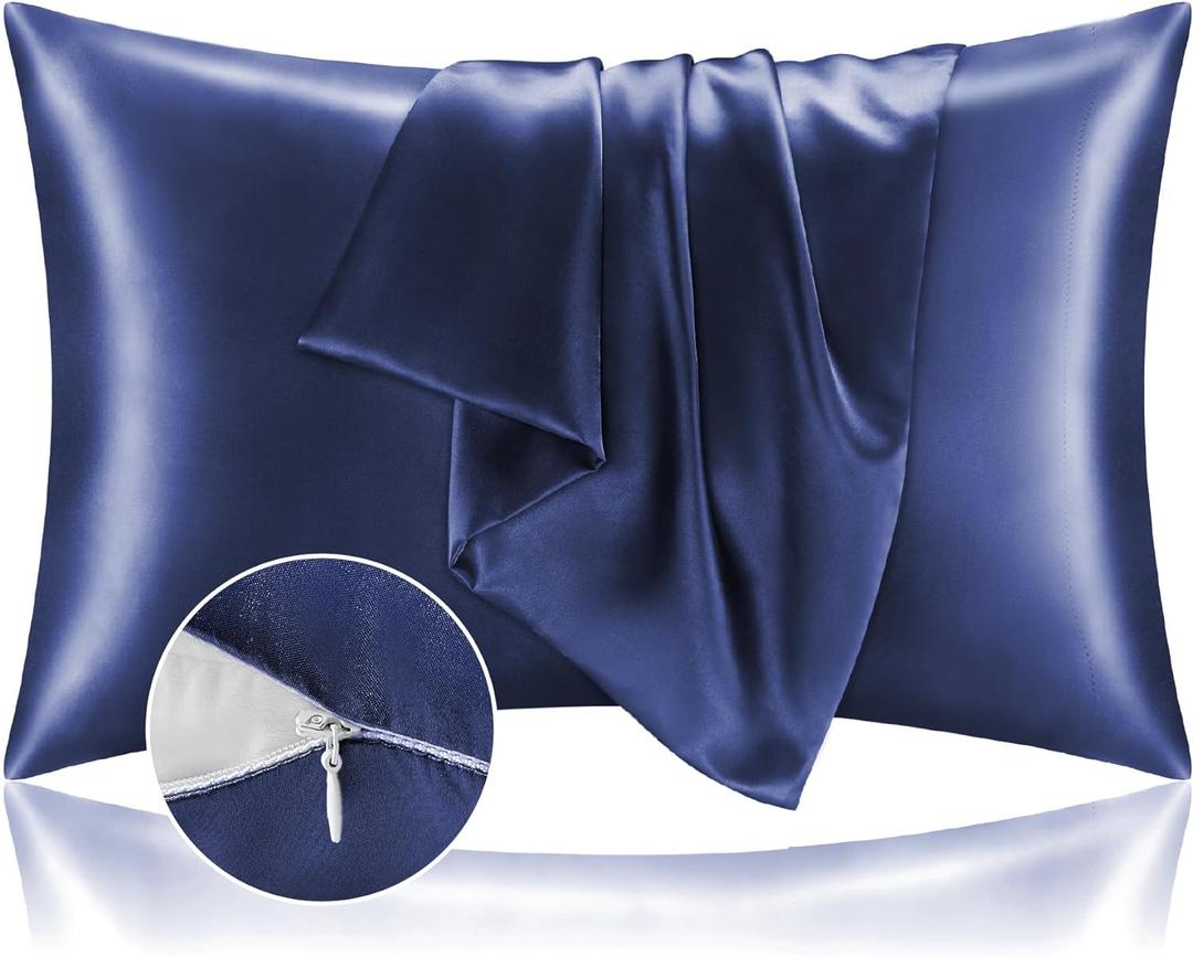 BEDELITE Satin Pillowcase with Zipper, Navy Pillow Cases Queen Size Set of 2, Super Soft and Cooling Similar to Silk Pillow Cases, Gift for Women Men(20x30 Inches)