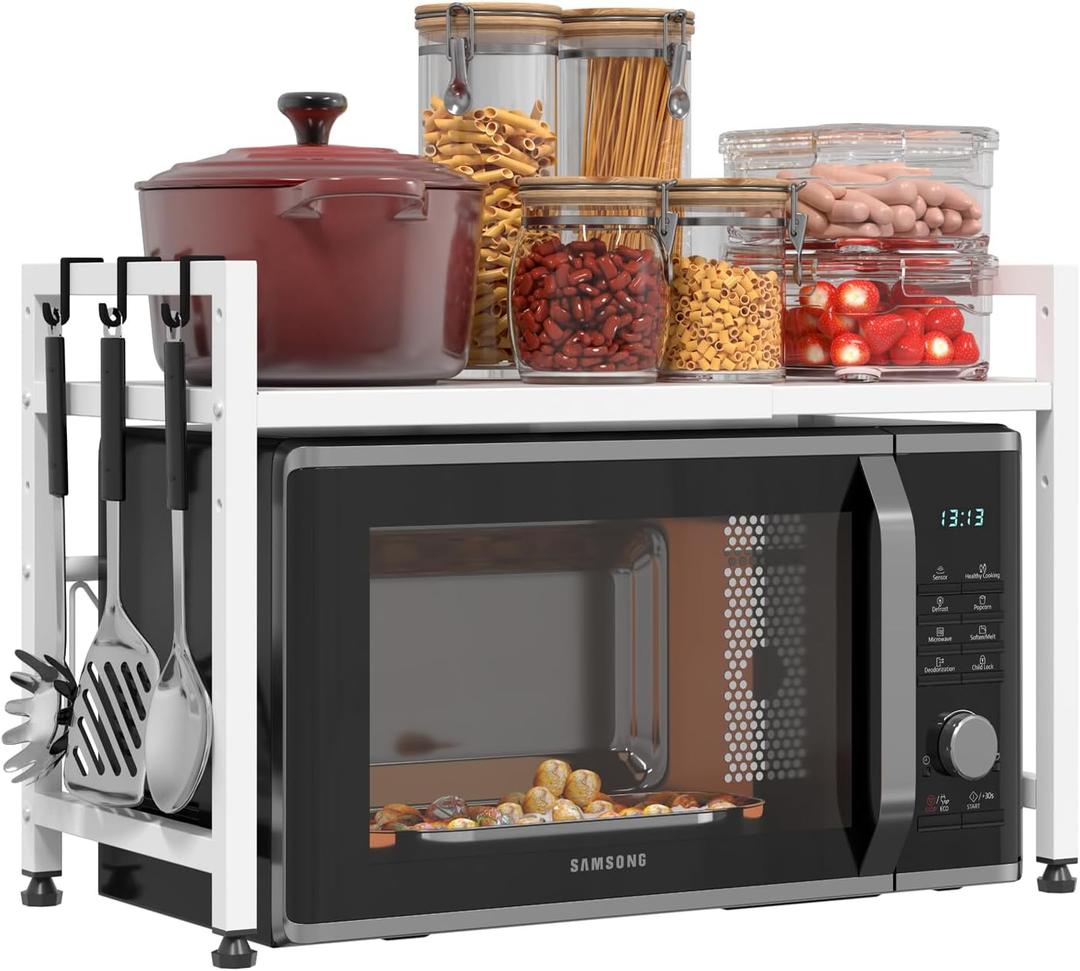 Extendable Microwave Oven Stand, Adjustable Microwave Rack Toaster Shelf, Heavy Duty Rack 2 Tier Kitchen Counter Top Organizer with 7 Hooks for Kitchen (White)