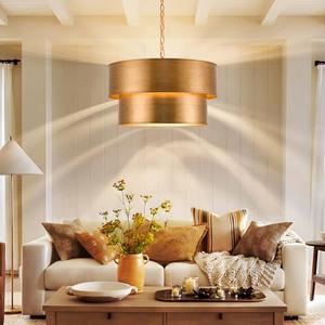 Gold Chandelier Light Fixture, 21" Drum Chandeliers with 2-Layer Antique Bronze Metal Shade, 6-Lights Large Pendant Light Fixture, Chandeliers for Dining Room Bedroom Living Room Kitchen Island Foyer