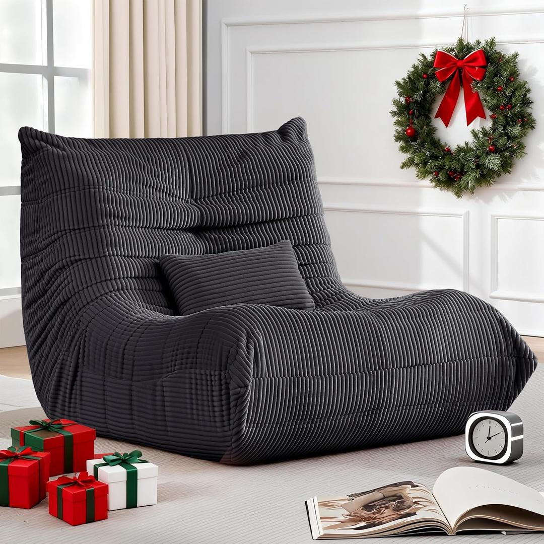 Bean Bag Chair for Adults - Large Bean Bag Chairs with Lumbar Pillow, Oversized Corduroy Memory Foam Boneless Chair with High-Rebound, Lazy Floor Sofa for Reading Gaming Living Room Bedroom, Grey