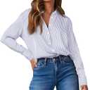OMSJ Womens Striped Button Down Shirts Casual Long Sleeve Stylish Collared Office Work Blouses Tops (S)
