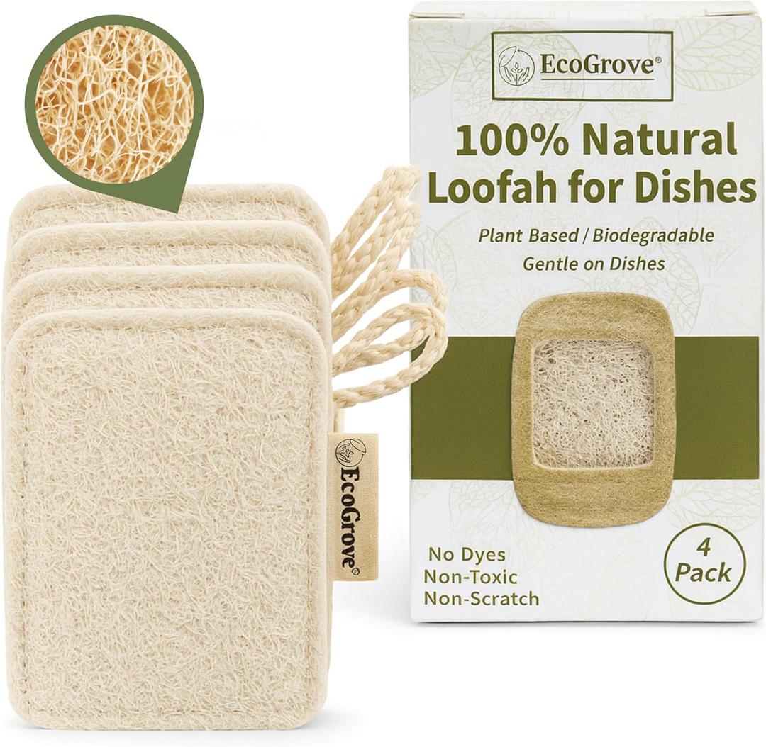 Natural Loofah Dish Sponges 4 Pack  100% Plant-Based Luffa Scrubber for Dishes, Pots & Nonstick Pans  Compostable, Non-Scratch Kitchen Sponge for Sink, Tile & Everyday Cleaning (Travel)