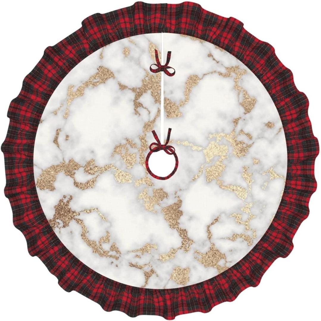 Modern Chic White Gold Foil Marble 30 Inch Christmas Tree Skirt Red and Black Buffalo Plaid Edge Decoration for Merry Christmas Farmhouse Winter Holiday Party Home Decoration Ornaments Indoor Outdoor