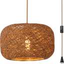 Plug in Pendant Light with Woven Rattan Lampshade, 12 Boho Hanging Lamp with 15FT Cord & On/Off Switch, E26 Socket, Ceiling Hook Installation for Bedroom Living Room Dining Nook Apartment