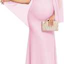 AISWI Cape Maternity Mesh Dress One Shoulder Maxi Mermaid Pregnancy Dress with Brooch Formal Baby Shower Photoshoot, Pink, Small