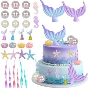 31 Pcs Mermaid Cake Topper Mermaid Tail Cake Decorations with Seahorses Starfish Seashells Kelp Under the Sea Cake Decorations for Baby Shower Birthday Party Decorations